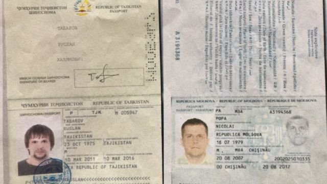 声称为塔吉克公民鲁斯兰·塔巴罗夫(Ruslan Tabarov;左)和摩尔多瓦公民尼古拉·波帕(Nicolai Popa;有)的护照资料页