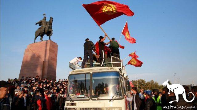 Opposition supporters during a protest against the parliamentary election results at the central square of Ala-Too in Bishkek, Kyrgyzstan, 5 October 2020