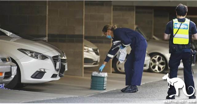 警探在发现女子尸体的公寓楼内搜索物证