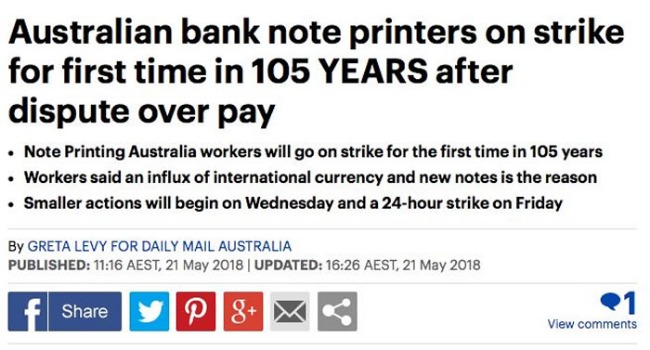 105年来澳洲银行印钞工人首次罢工！